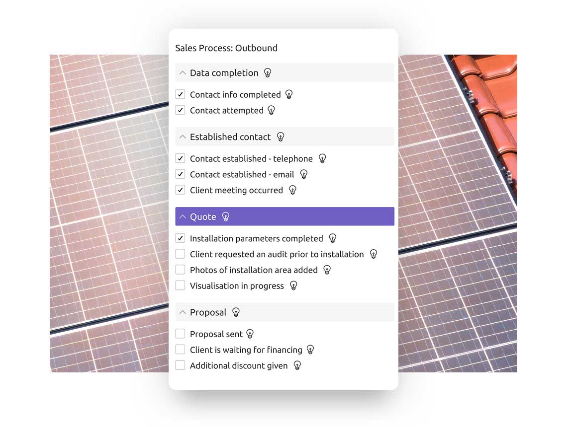 Photovoltaics dedicated sales process