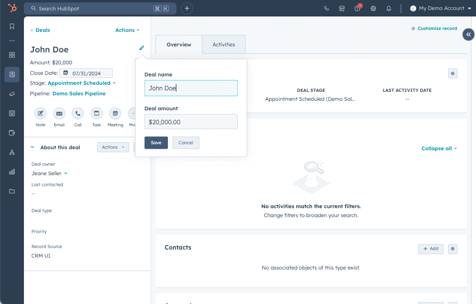 Oprogramowanie do zarządzania sprzedażą; przykład z darmowego narzędzia CRM od HubSpot.